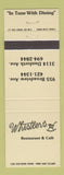 Matchbook Cover - Whistler's Restaurant Canada
