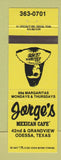 Matchbook Cover - Jorge's Mexican Cafe Odessa TX girlie yellow
