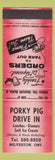 Matchbook Cover - Porky Pig Drive In Milverton ON red