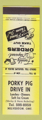 Matchbook Cover - Porky Pig Drive In Milverton ON yellow