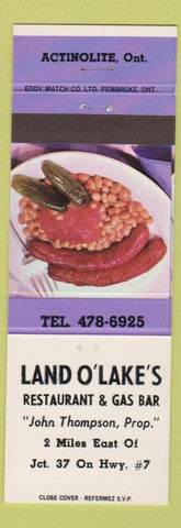 Matchbook Cover - Land O Lakes Restaurant oil gas Actinolite ON sausage beans