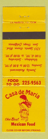 Matchbook Cover - Casa De Maria Mexican Restaurant San Diego CA