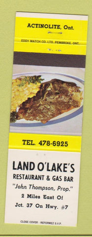 Matchbook Cover - Land O Lakes Restaurant oil gas Actinolite ON Steak
