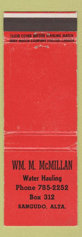 Matchbook Cover - WM M McMillan Water Hauling Sangudo AB