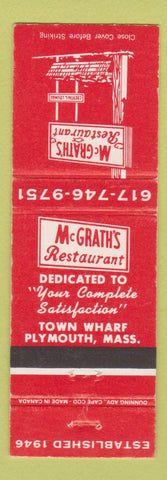 Matchbook Cover - McGrath's Restaurant Plymouth MA