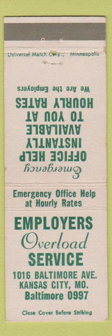 Matchbook Cover - Employers Overload Service Temp Agency Kansas City MO