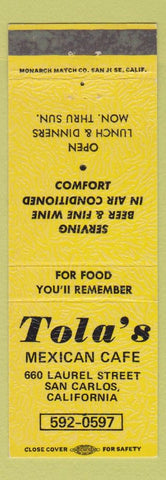 Matchbook Cover - Tola's Mexican Cafe San Carlos CA yellow