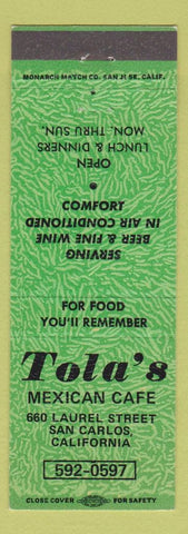 Matchbook Cover - Tola's Mexican Cafe San Carlos CA green