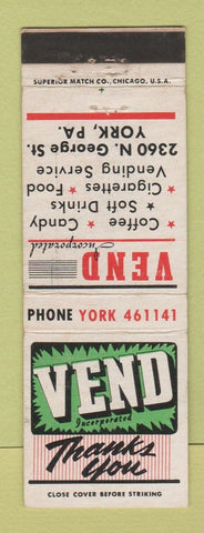 Matchbook Cover - Vending York PA