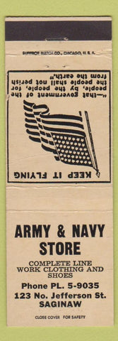 Matchbook Cover - Army and Navy Store Saginaw MI work clothes war surplus