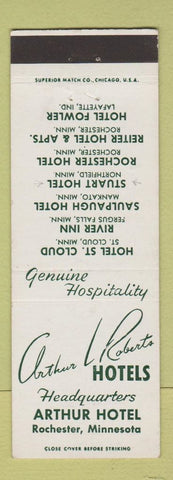 Matchbook Cover - Arthur L Roberts Hotels Arthur Hotel Rochester MN