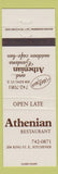 Matchbook Cover - Athenian Restaurant Kitchener ON