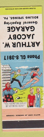 Matchbook Cover - Arthur W Jacoby Garage Boiling Springs PA hillbilly