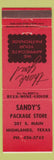 Matchbook Cover - Sandy's Package Store Highlands TX