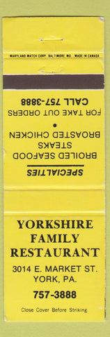 Matchbook Cover - Yorkshire Family Restaurant York PA