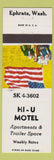 Matchbook Cover - Hi U Motel Ephrata WA
