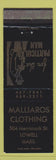 Matchbook Cover - Mallaros Clothing Mens Lowell MA