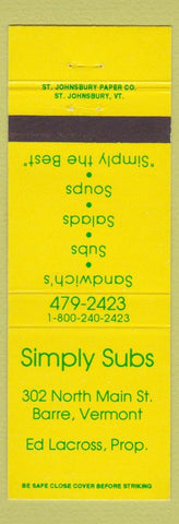Matchbook Cover - Simply Subs Sandwiches Barre VT