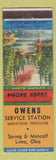 Matchbook Cover - Owens Marathon oil gas Lima OH