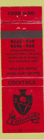 Matchbook Cover - Vittorio's Italian Restaurant Pizza Huntington Beach CA