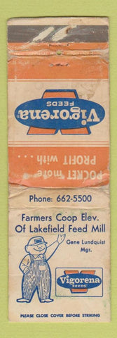 Matchbook Cover - Vigorena Feeds Farmers Elevator Lakefield MN POOR