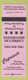 Matchbook Cover - Capriccio Italian Restaurant Pembroke Pines FL WEAR