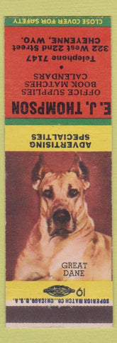 Matchbook Cover - EJ Thompson Office Supply printing Cheyenne WY Great Dane