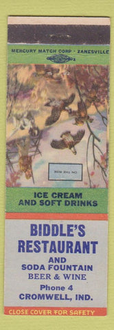 Matchbook Cover - Biddle's Restaurant Cromwell IN Low phone #