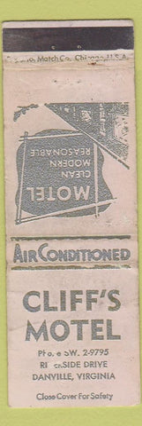 Matchbook Cover - Cliff's Motel Danville VA POOR
