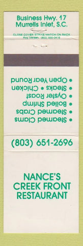 Matchbook Cover - Nance's Creek Front Restaurant Murrells Inlet SC