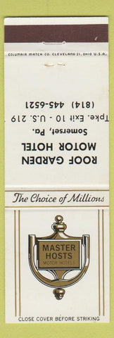 Matchbook Cover - Master Hosts Roof Garden Motor Hotel Somerset PA