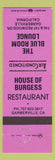 Matchbook Cover - Blue Room Lounge Garberville CA House of Burgess Restaurant
