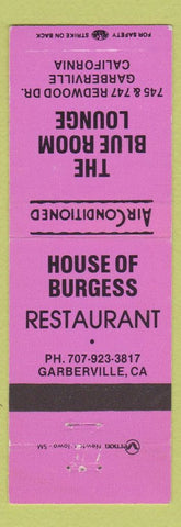 Matchbook Cover - Blue Room Lounge Garberville CA House of Burgess Restaurant