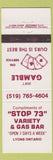 Matchbook Cover - Stop 73 Variety gas oil Lyons ON