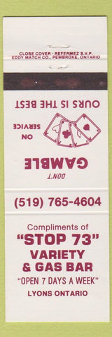 Matchbook Cover - Stop 73 Variety gas oil Lyons ON