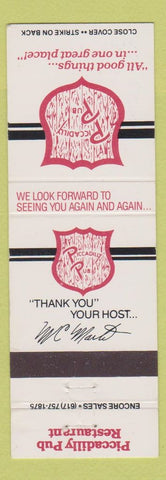 Matchbook Cover - Piccadilly Pub Restaurant Westboro Auburn Peabody Tewksbury MA