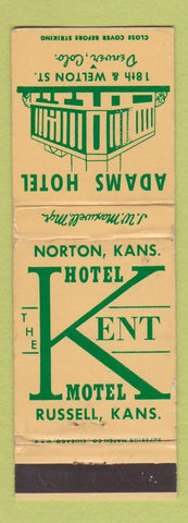 Matchbook Cover - Hotel Kent Russell KS WEAR Adams Hotel Denver Colorado