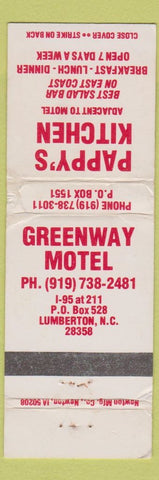 Matchbook Cover - Pappy's Kitchen Greenway Motel Lumberton NC WEAR