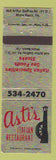 Matchbook Cover - Asti Restaurant Miami Beach FL Italian