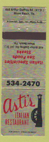 Matchbook Cover - Asti Restaurant Miami Beach FL Italian