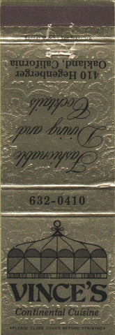 Matchbook Cover - Vince's Restaurant Oakland CA