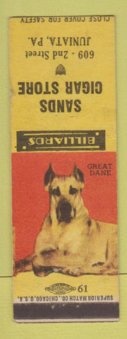 Matchbook Cover - Sands Cigar Store Juniata PA Great Dane Billiards