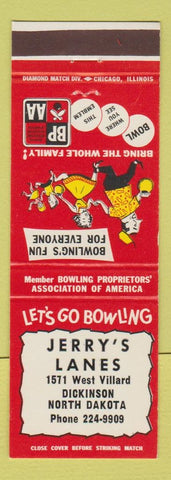 Matchbook Cover - Jerry's Lanes bowling Dickinson ND