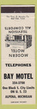 Matchbook Cover - Bay Motel Alpena MI white