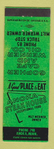 Matchbook Cover - Anoka Steak House Anoka MN low phone # Gopher Cafe