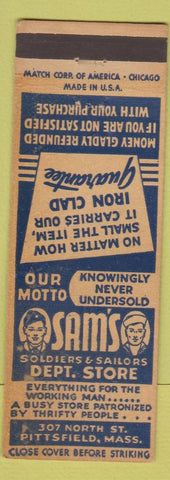 Matchbook Cover - Sam's Soldiers Sailors Store Pittsfield MA military uniforms