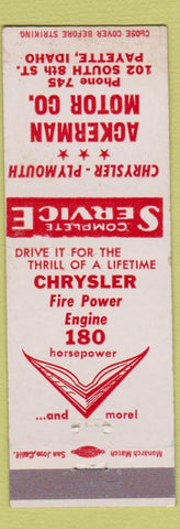 Matchbook Cover - Ackerman Motors Chrysler Payette ID Plymouth