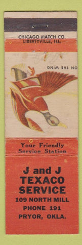 Matchbook Cover - J and J Texaco oil gas Pryor OK low phone # WEAR