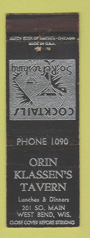 Matchbook Cover - Orin Klassen's Tavern West Bend WI low phone #