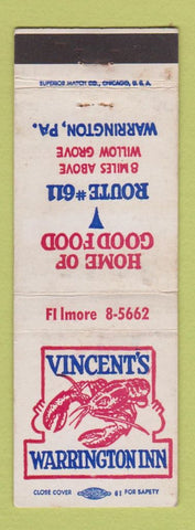 Matchbook Cover - Vincent's Warrington Inn PA lobster WEAR